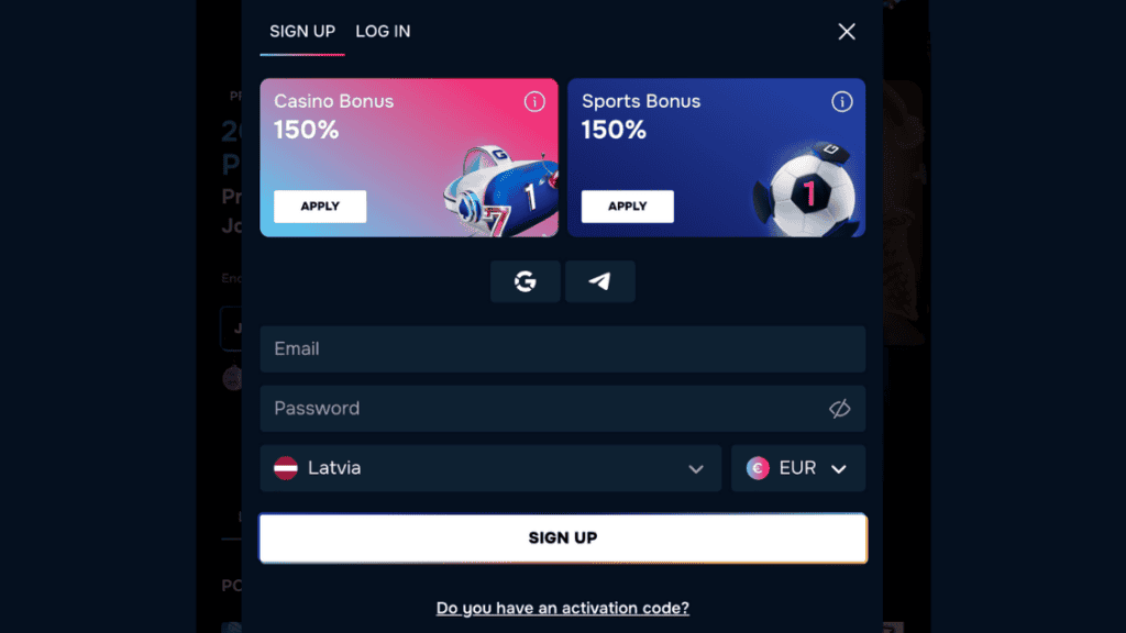 Screenshot des Registrierungsformulars im Gizbo Casino