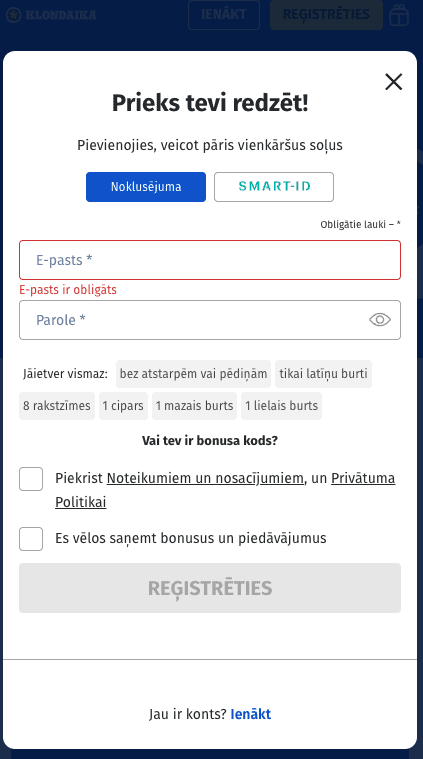 Reģistrējiet spēlētāja profilu Klondaika lapā; 