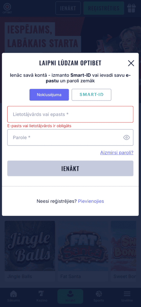 Izveidojiet vai piesakieties savā Optibet kontā