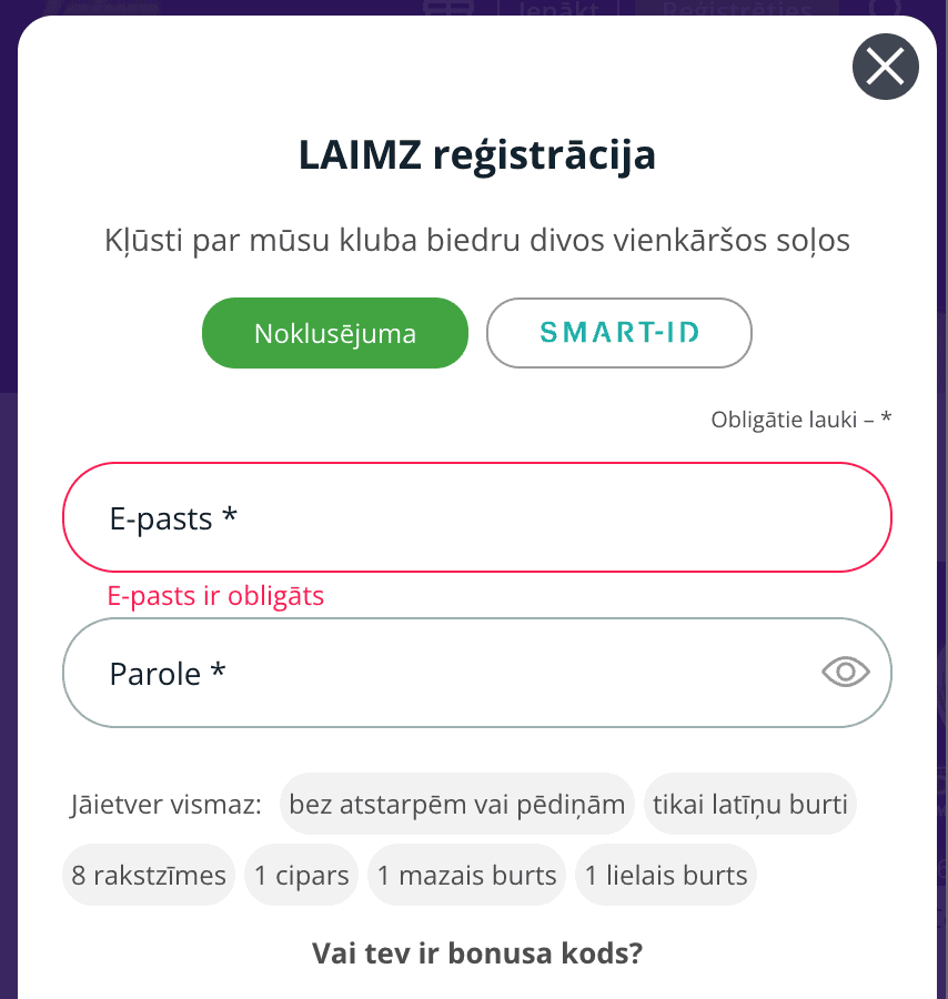 Reģistrējieties Laimz kazino